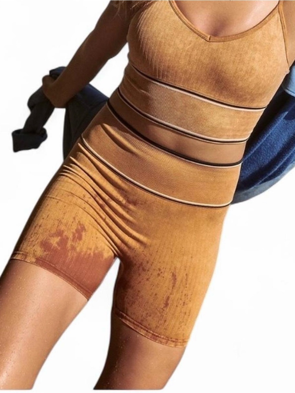 Free People Varsity Ribbed Athletic Bike Shorts with Blue Contrast Waistband